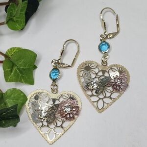 Gold Filled Heart with Butterfly Flower Dangle Earrings